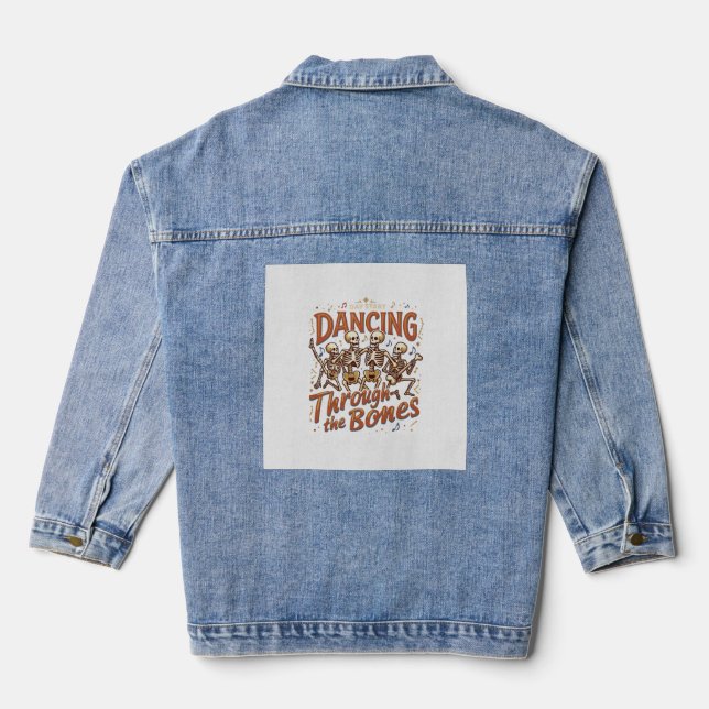 Dancing Through Bones Halloween Skeletons Music Ce Denim Jacket (Back)