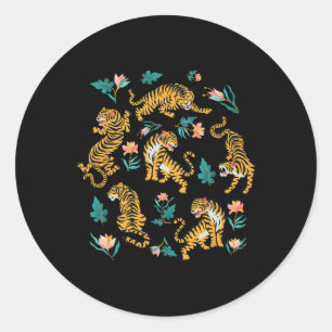 Dancing Tigers Cartoon Graphic Asian Art - Black Classic Round Sticker