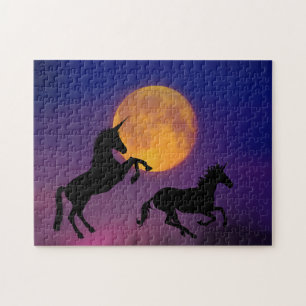 Dancing Unicorn Silhouettes In Full Moon Jigsaw Puzzle