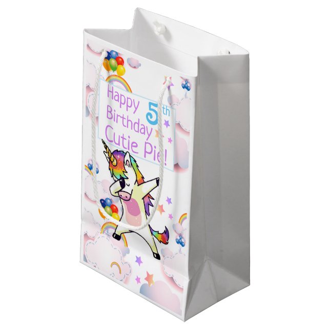 Dancing Unicorns Rainbows Balloons, Personalised Small Gift Bag (Front Angled)