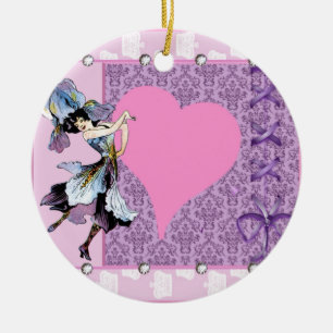 Dancing vintage flower fairy pink design by LeahG Ceramic Ornament