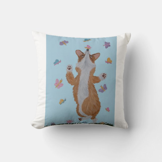 Dancing Welsh Corgi with Butterflies Cushion (Front)