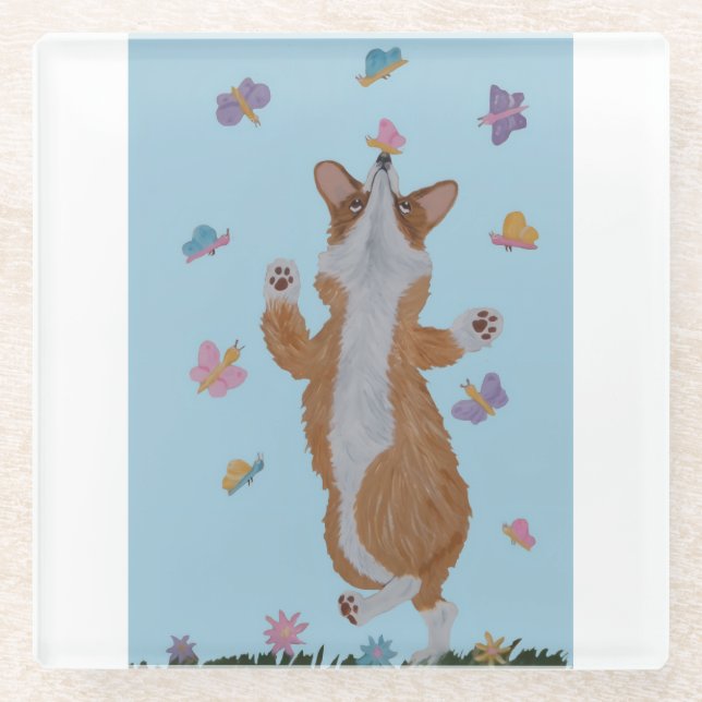 Dancing Welsh Corgi with Butterflies Glass Coaster (Front)