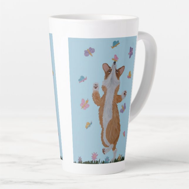 Dancing Welsh Corgi with Butterflies Latte Mug (Right Angle)