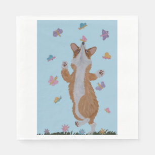 Dancing Welsh Corgi with Butterflies Napkin
