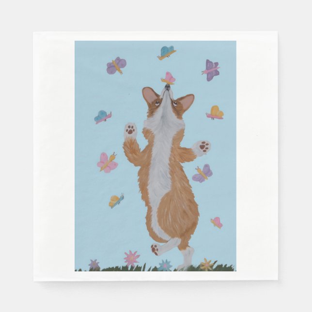 Dancing Welsh Corgi with Butterflies Napkin (Front)