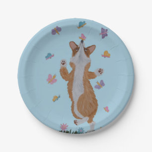 Dancing Welsh Corgi with Butterflies Paper Plate