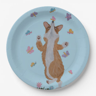 Dancing Welsh Corgi with Butterflies Paper Plate