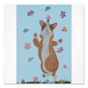 Dancing Welsh Corgi with butterflies Photo Print