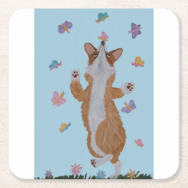 Dancing  Welsh Corgi with Butterflies Square Paper Coaster (Front)