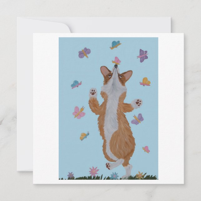 Dancing Welsh Corgi with Butterflies Thank You Card (Front)
