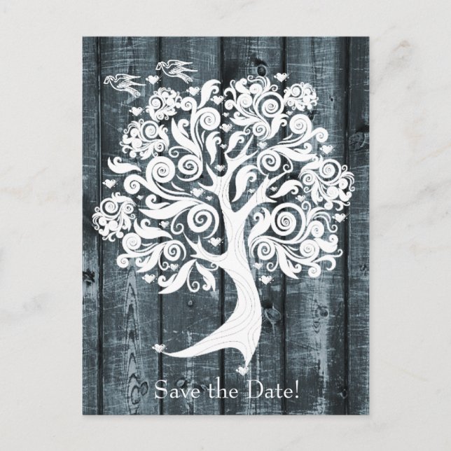 Dancing White Tree Blue Wood Save the Date Announcement Postcard (Front)