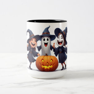 Dancing Witch Friends Around Halloween Pumpkin 🌙 Two-Tone Coffee Mug