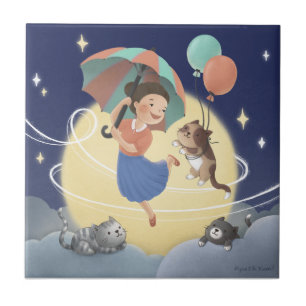Dancing with Cats at Moonlit Night Ceramic Tile