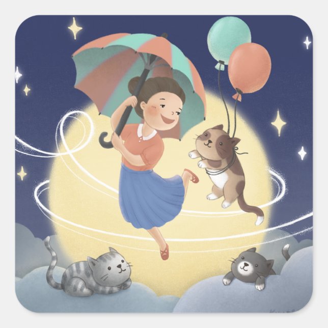 Dancing with Cats at Moonlit Night Square Sticker (Front)