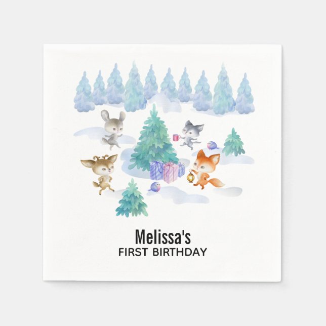 Dancing Woodland Animals Watercolor Birthday Napkin (Front)