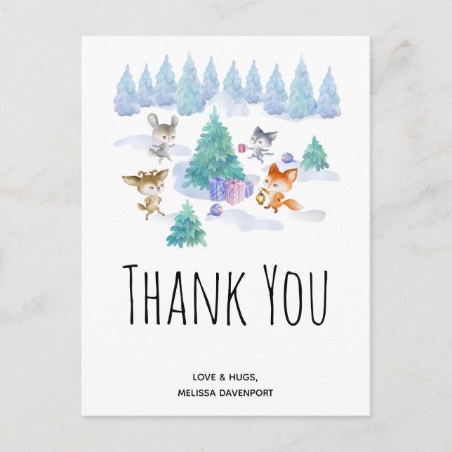 Dancing Woodland Animals Watercolor Thank You Postcard (Front)