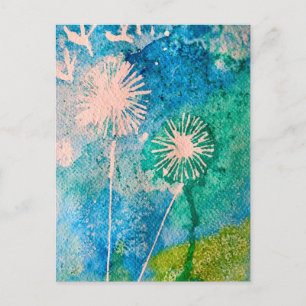 Dandelion abstract watercolor painted postcard