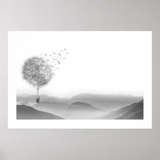 Dandelion Air Balloon Gray Mountains Mystical Poster (Front)