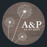 Dandelion Barn Wood Country Rustic Wedding Favours Classic Round Sticker<br><div class="desc">Dandelion Barn Wood Country Rustic Wedding Favours -  features a barn wood background with decorative dandelions.</div>