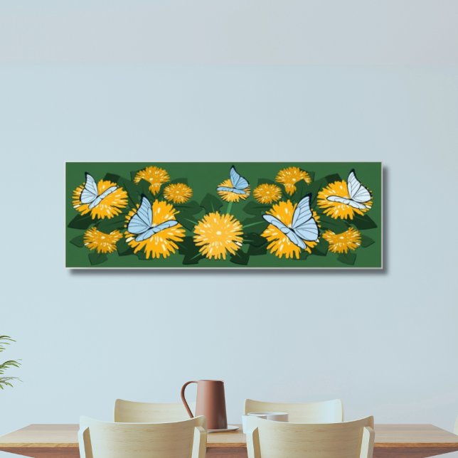 Dandelion Bed & Butterflies Yellow & Green Poster (Dandelion & Butterflies, Yellow & Green Art)