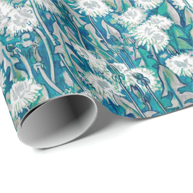 Dandelion Bloom Summer Flowers Floral Pattern Teal Wrapping Paper (Roll Corner)