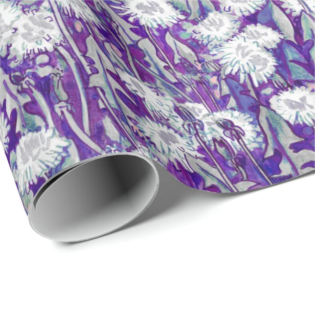 Dandelion Bloom Summer Flowers Floral Violet White Wrapping Paper (Roll Corner)