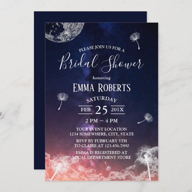 Dandelion Blowing Moon & Stars Bridal Shower Invitation (Front/Back)