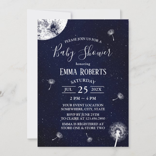 Dandelion Blowing Starry Night Baby Shower Invitation (Front)