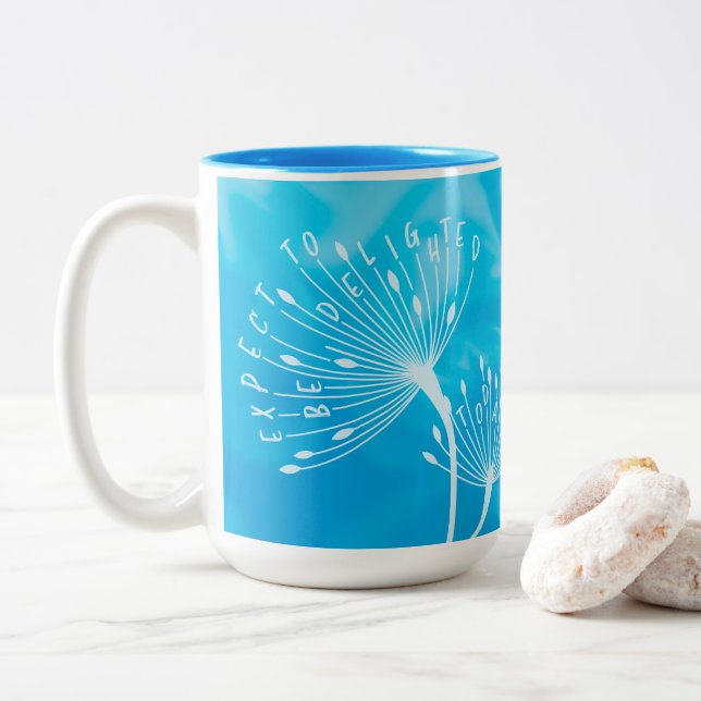 Dandelion, Blue, Positive Quote Be Delighted Today Two-Tone Coffee Mug (With Donut)
