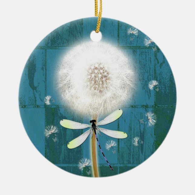 Dandelion dragonfly rustic blue barn wood ceramic tree decoration (Front)