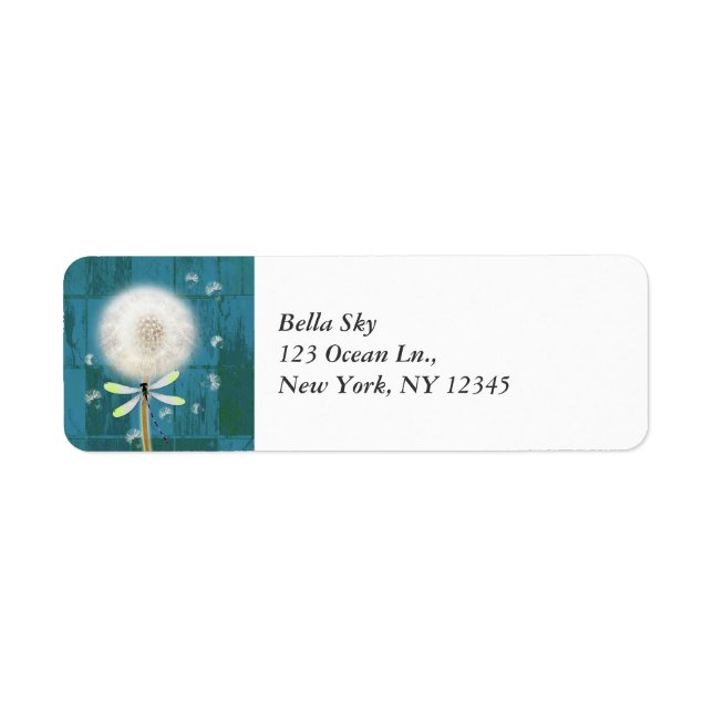 Dandelion dragonfly rustic blue barn wood return address label (Front)