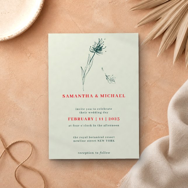 Dandelion Fall Flower Green Red Indie Botanical Invitation (Creator Uploaded)