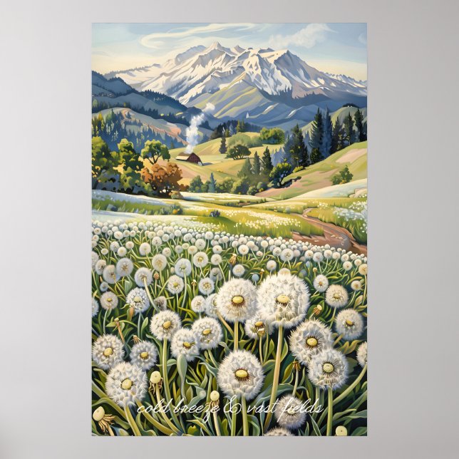 Dandelion Field Mountain Landscape Art Print (Front)