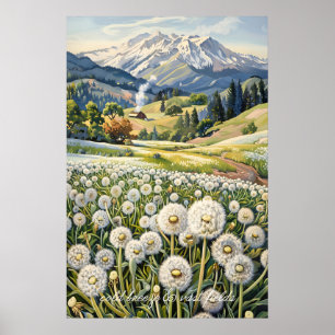 Dandelion Field Mountain Landscape Art Print