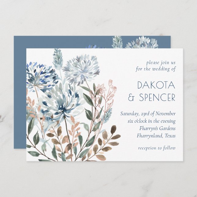 Dandelion Floral | Dusty Blue Garden Muted Wedding Invitation (Front/Back)