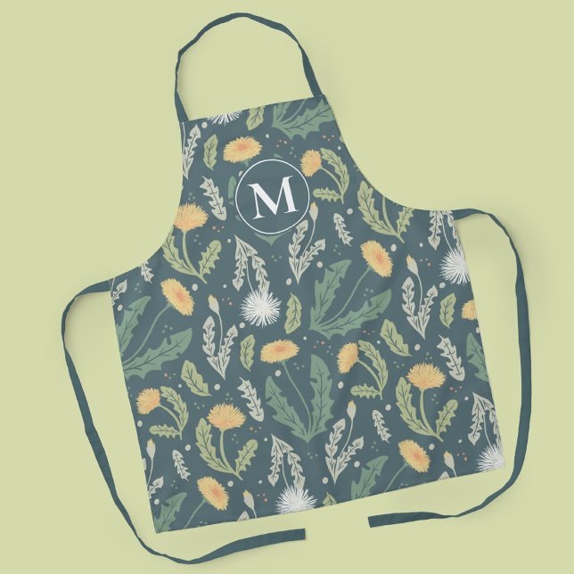 Dandelion Floral Weed Pattern Apron (Dandelion Pattern Apron with Custom Monogram)