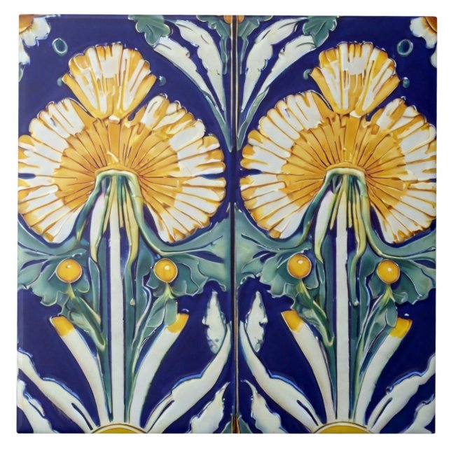 Dandelion Flower Art Nouveau Deco Yellow Floral Ceramic Tile (Front)
