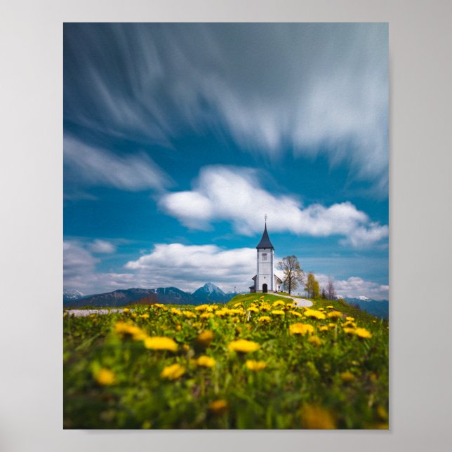 Dandelion flowers at church of st primus Jamnik Sl Poster (Front)