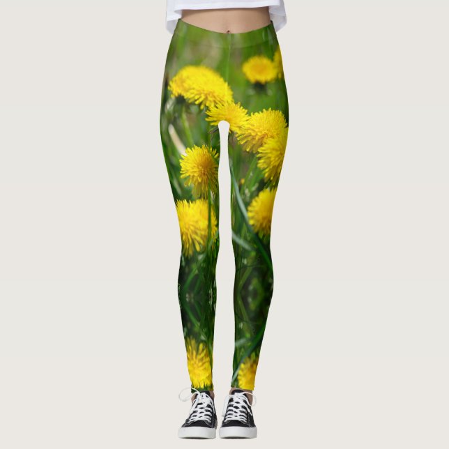 Dandelion Flowers Dandelions Yellow Green Leggings (Front)