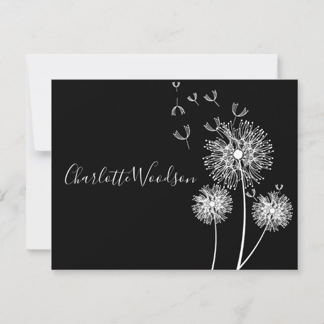 Dandelion Flowers In Wind Script Name Note Cards (Front)
