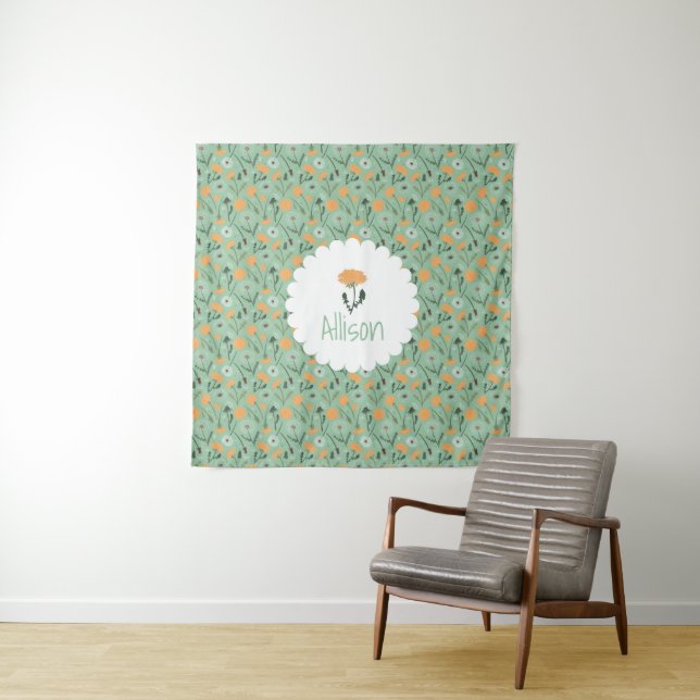 Dandelion Flowers Orange Floral Custom Name Tapestry (In Situ)