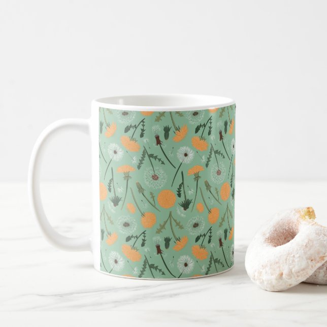 Dandelion Flowers Orange Floral Pattern Coffee Mug (With Donut)
