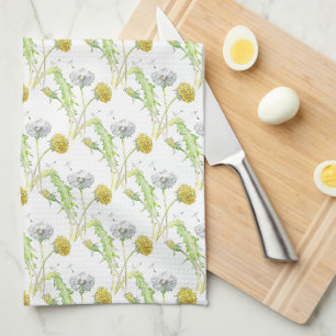 Dandelion hand painted watercolor flower leaves tea towel