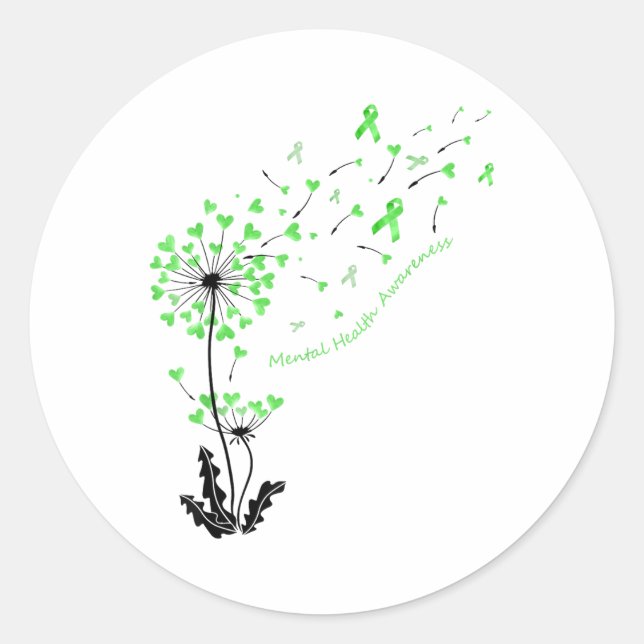 Dandelion Heart Green Ribbon Mental Health Awarene Classic Round Sticker (Front)