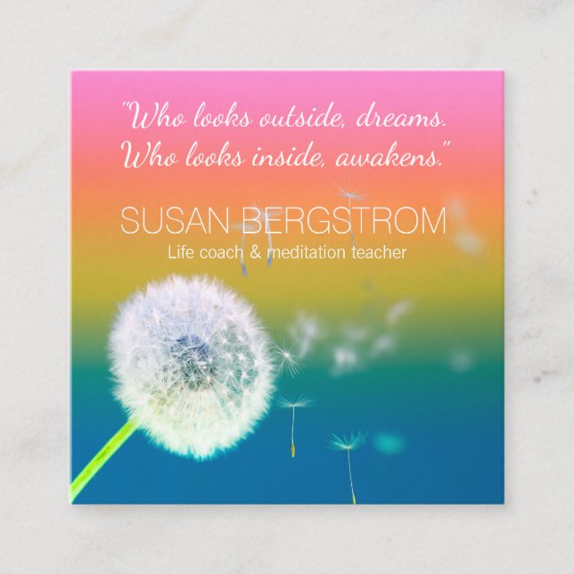 Dandelion Make a Wish rainbow square business card (Front)