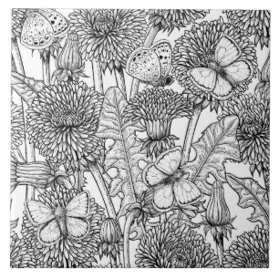 Dandelion meadow in black and white ceramic tile