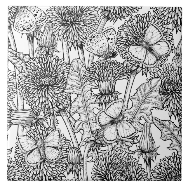 Dandelion meadow in black and white ceramic tile (Front)