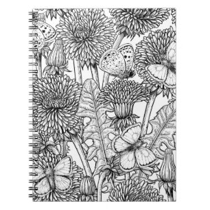 Dandelion meadow in black and white notebook