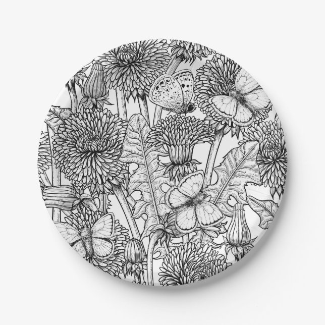 Dandelion meadow in black and white paper plate (Front)